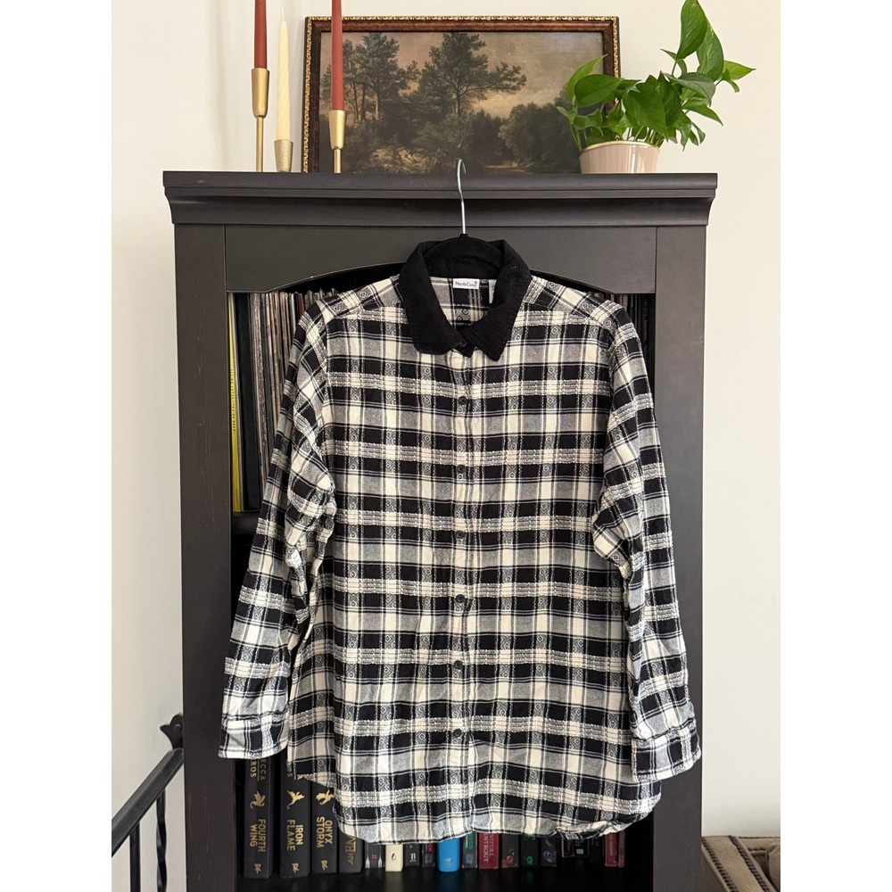 North Crest Plaid Button Down 1X Black White Corduroy Collar Flannel Shirt
